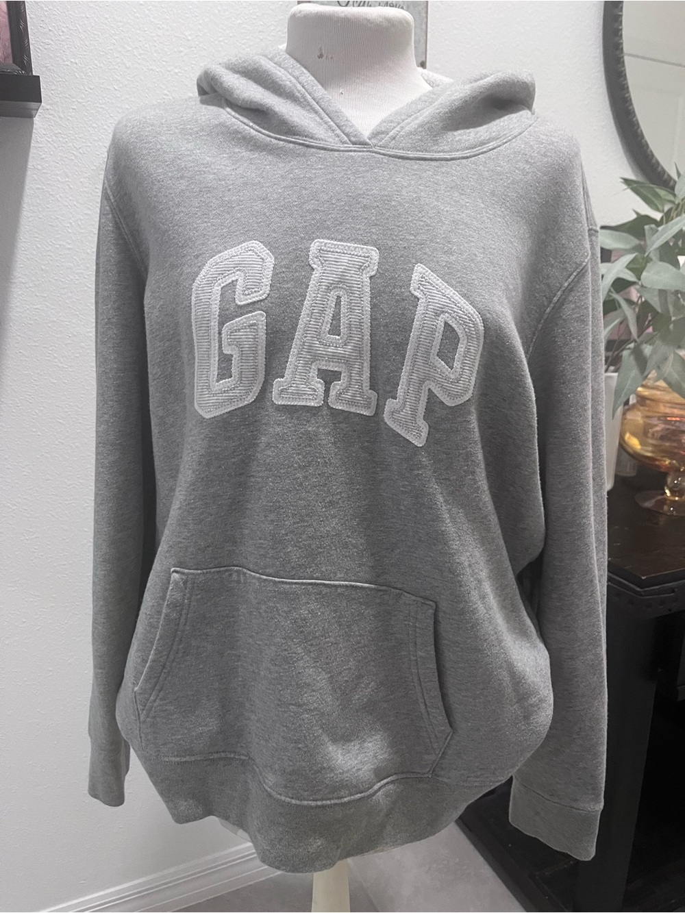 GAP Women's Gray Hooded Sweatshirt with Silver Shimmer Lettering